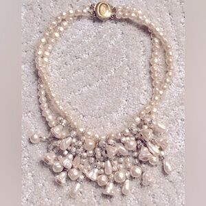 💖 Estate Pearl Choker. Faux Baroque Pearls and Pavè details. 15”.  Gold Clasp